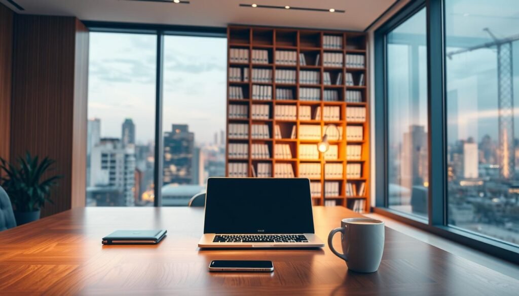 A professional office interior with a modern, minimalist design. In the foreground, a sleek desk with a laptop, smartphone, and a mug of coffee, symbolizing the integration of technology in business operations. The middle ground features a tall bookshelf filled with documents, creating an air of productivity and organization. Soft, warm lighting casts a subtle glow, reflecting off the polished wood surfaces. In the background, a large window offers a panoramic view of a bustling city skyline, hinting at the global reach and connectivity of the business. The overall atmosphere conveys efficiency, professionalism, and the seamless integration of cloud-based communication solutions.