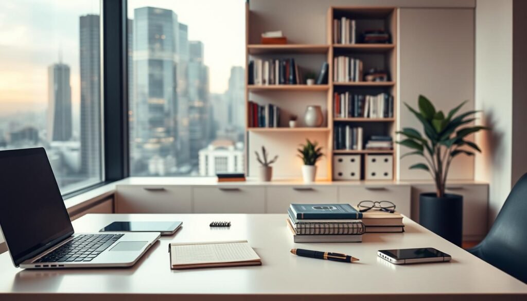 A serene office setting, with a large window overlooking a bustling city skyline. In the foreground, a sleek, minimalist desk adorned with various digital devices - a laptop, a tablet, and a smartphone. Atop the desk, an array of analog tools like a journal, a pen, and a pair of reading glasses, symbolizing a balanced approach to digital and traditional marketing. In the middle ground, shelves brimming with books and a small potted plant, creating a cozy, productive atmosphere. The background is softly lit, with warm, natural lighting filtering through the window, casting a gentle glow over the scene. The overall mood is one of focused productivity, creativity, and a thoughtful embrace of alternative marketing strategies beyond the ubiquitous social media platforms. A serene office setting, with a large window overlooking a bustling city skyline. In the foreground, a sleek, minimalist desk adorned with various digital devices - a laptop, a tablet, and a smartphone. Atop the desk, an array of analog tools like a journal, a pen, and a pair of reading glasses, symbolizing a balanced approach to digital and traditional marketing. In the middle ground, shelves brimming with books and a small potted plant, creating a cozy, productive atmosphere. The background is softly lit, with warm, natural lighting filtering through the window, casting a gentle glow over the scene. The overall mood is one of focused productivity, creativity, and a thoughtful embrace of alternative marketing strategies beyond the ubiquitous social media platforms.