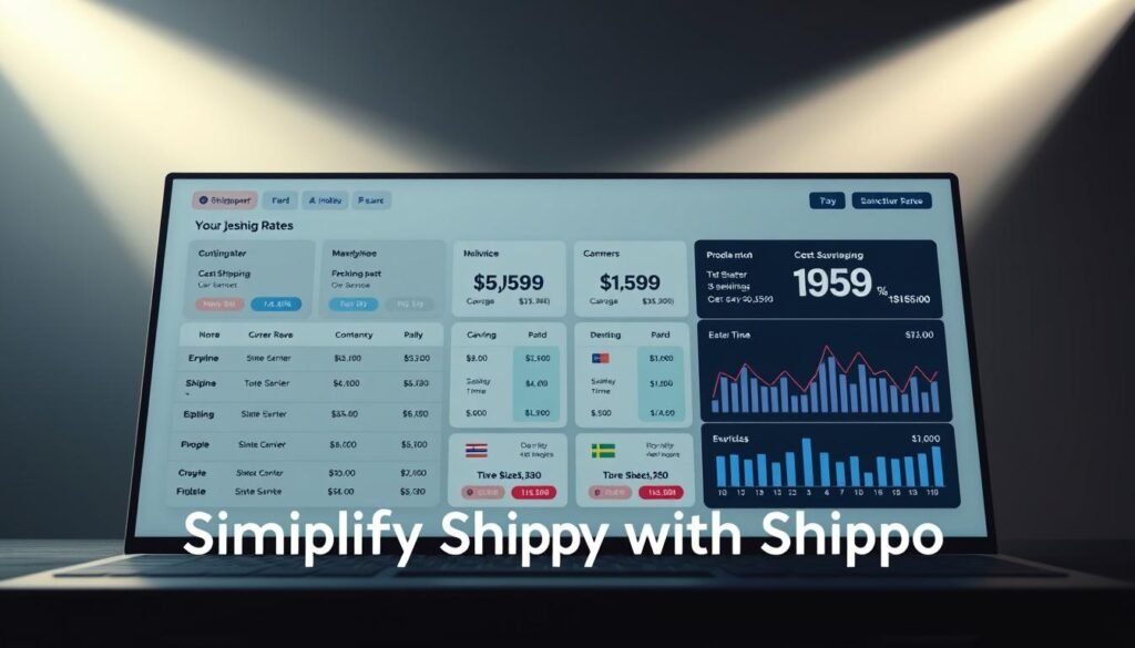 A side-by-side comparison of shipping rates from multiple carriers, displayed on a sleek, modern dashboard. In the foreground, a clean user interface showcases the shipping options, with clear pricing and delivery time estimates. The middle ground features bold, data-driven visualizations highlighting the cost savings and efficiency of each service. The background has a subtle gradient, casting a professional, tech-savvy atmosphere. Cinematic lighting illuminates the scene, creating depth and highlighting the key details. The overall composition conveys a sense of streamlined shipping management, perfectly suited for the "Simplify Shipping with Shippo" article.