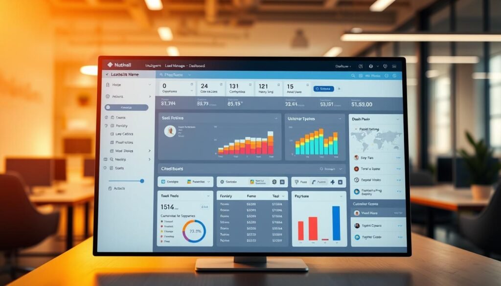A sleek, modern lead management dashboard for Nutshell.com, illuminated by warm, diffused lighting that casts a professional, productive atmosphere. The foreground features a clean, intuitive user interface with colorful data visualizations, such as charts, graphs, and activity timelines, providing at-a-glance insights into sales pipeline, customer engagement, and team performance. The middle ground showcases customizable dashboard layouts and filtering options, allowing users to tailor the display to their specific needs. In the background, a subtle, blurred office setting reinforces the enterprise-level capabilities of the platform, creating a sense of trustworthiness and reliability. A sleek, modern lead management dashboard for Nutshell.com, illuminated by warm, diffused lighting that casts a professional, productive atmosphere. The foreground features a clean, intuitive user interface with colorful data visualizations, such as charts, graphs, and activity timelines, providing at-a-glance insights into sales pipeline, customer engagement, and team performance. The middle ground showcases customizable dashboard layouts and filtering options, allowing users to tailor the display to their specific needs. In the background, a subtle, blurred office setting reinforces the enterprise-level capabilities of the platform, creating a sense of trustworthiness and reliability.