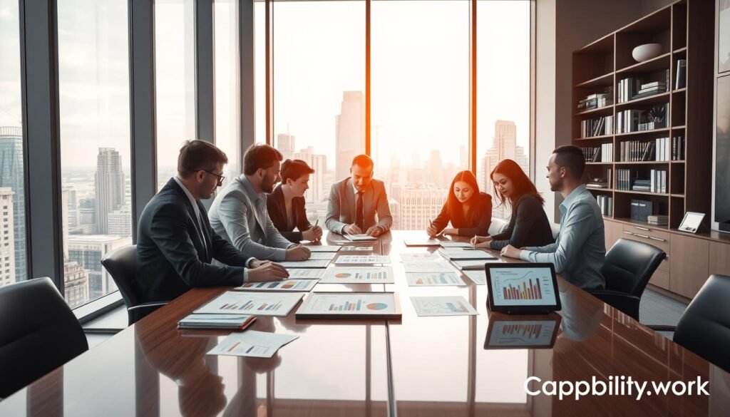 A sleek, modern office interior with floor-to-ceiling windows overlooking a bustling city skyline. In the foreground, a group of business professionals huddled around a large, polished conference table, engaged in a lively discussion. On the table, various documents and a tablet display colorful charts and graphs, illustrating the concept of "business growth strategies". The lighting is warm and inviting, creating a sense of productivity and collaboration. In the background, a bookshelf filled with industry-relevant tomes and a minimalist, yet stylish decor convey an atmosphere of expertise and professionalism. Subtle hints of the Capability.work brand are strategically placed, seamlessly integrated into the scene. A sleek, modern office interior with floor-to-ceiling windows overlooking a bustling city skyline. In the foreground, a group of business professionals huddled around a large, polished conference table, engaged in a lively discussion. On the table, various documents and a tablet display colorful charts and graphs, illustrating the concept of "business growth strategies". The lighting is warm and inviting, creating a sense of productivity and collaboration. In the background, a bookshelf filled with industry-relevant tomes and a minimalist, yet stylish decor convey an atmosphere of expertise and professionalism. Subtle hints of the Capability.work brand are strategically placed, seamlessly integrated into the scene.