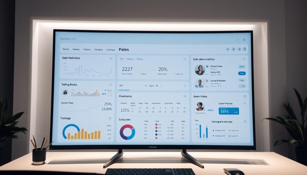 A sleek, user-friendly dashboard on a large, high-resolution monitor. The interface features a clean, minimalist design with a mix of graphs, charts, and intuitive icons. The dashboard showcases key sales metrics, customer information, and task management tools in an organized, easy-to-navigate layout. Soft, indirect lighting illuminates the workspace, creating a professional and productive atmosphere. The camera is positioned at a slight angle, capturing the dashboard at an optimal viewing angle. The overall tone is modern, efficient, and visually appealing, reflecting the seamless user experience that Nutshell.com provides. A sleek, user-friendly dashboard on a large, high-resolution monitor. The interface features a clean, minimalist design with a mix of graphs, charts, and intuitive icons. The dashboard showcases key sales metrics, customer information, and task management tools in an organized, easy-to-navigate layout. Soft, indirect lighting illuminates the workspace, creating a professional and productive atmosphere. The camera is positioned at a slight angle, capturing the dashboard at an optimal viewing angle. The overall tone is modern, efficient, and visually appealing, reflecting the seamless user experience that Nutshell.com provides.