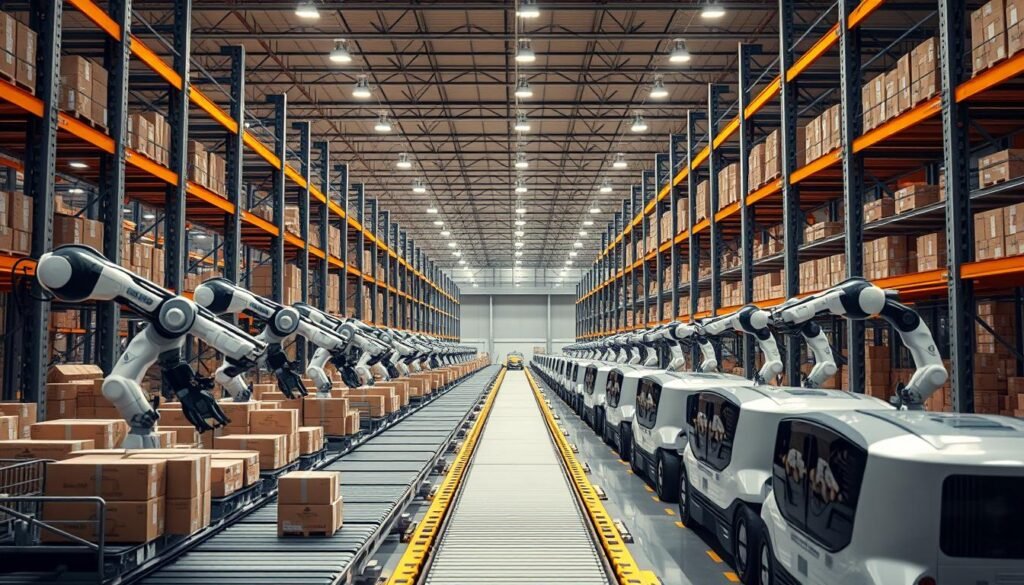 A vast, modern warehouse bathed in warm, overhead lighting. Rows of efficient robotic arms swiftly retrieve and package products, meticulously arranging them on conveyor belts. In the background, a fleet of autonomous delivery vehicles stand ready, their sleek designs and advanced navigation systems hinting at the speed and reliability of the entire fulfillment process. The scene conveys a sense of seamless automation, where human oversight blends with cutting-edge technology to create a streamlined, high-performance shipping platform.