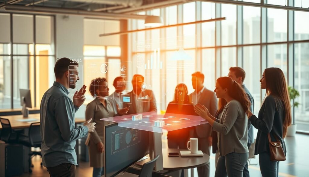 A vibrant and dynamic workplace scene, capturing the essence of workflow automation with Make.com. In the foreground, a group of diverse professionals collaborating around a sleek workstation, hands gesturing as they discuss digital workflows on a large, high-resolution screen. In the middle ground, holographic visualizations and data dashboards hover, providing real-time insights and analytics. The background features a modern, minimalist office space, bathed in warm, natural lighting that streams through floor-to-ceiling windows, creating a sense of openness and productivity. The overall atmosphere conveys a seamless integration of technology and human ingenuity, harnessing the power of Make.com to streamline and optimize their work processes. A vibrant and dynamic workplace scene, capturing the essence of workflow automation with Make.com. In the foreground, a group of diverse professionals collaborating around a sleek workstation, hands gesturing as they discuss digital workflows on a large, high-resolution screen. In the middle ground, holographic visualizations and data dashboards hover, providing real-time insights and analytics. The background features a modern, minimalist office space, bathed in warm, natural lighting that streams through floor-to-ceiling windows, creating a sense of openness and productivity. The overall atmosphere conveys a seamless integration of technology and human ingenuity, harnessing the power of Make.com to streamline and optimize their work processes.