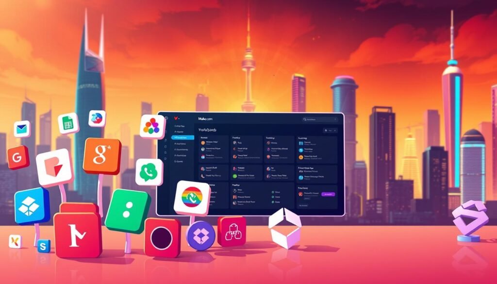 A vibrant, high-resolution illustration showcasing the top workflow integrations for Make.com. In the foreground, various software icons and logos dynamically intertwine, representing popular tools such as Google Sheets, Trello, Slack, and Dropbox. The middle ground features a sleek, minimalist dashboard with interactive workflow visualizations. In the background, a futuristic cityscape with towering skyscrapers and glowing neon lights sets the tone of a modern, technologically advanced environment. The scene is bathed in a warm, yet vivid color palette, with dramatic lighting that casts dynamic shadows, emphasizing the depth and dimensionality of the composition. An air of efficiency, collaboration, and seamless integration permeates the entire image. A vibrant, high-resolution illustration showcasing the top workflow integrations for Make.com. In the foreground, various software icons and logos dynamically intertwine, representing popular tools such as Google Sheets, Trello, Slack, and Dropbox. The middle ground features a sleek, minimalist dashboard with interactive workflow visualizations. In the background, a futuristic cityscape with towering skyscrapers and glowing neon lights sets the tone of a modern, technologically advanced environment. The scene is bathed in a warm, yet vivid color palette, with dramatic lighting that casts dynamic shadows, emphasizing the depth and dimensionality of the composition. An air of efficiency, collaboration, and seamless integration permeates the entire image.