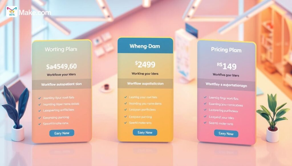 A vibrant, isometric illustration of workflow automation pricing plans. In the foreground, three distinct pricing tiers are displayed, each with its own set of features and pricing details. The middle ground showcases various workflow automation tools and processes, hinting at the capabilities of the platform. The background features a sleek, modern office environment with minimalist design elements, conveying a sense of efficiency and productivity. The image is lit with a warm, natural light, creating a welcoming and professional atmosphere. The overall composition is visually striking, making it an ideal asset to accompany the "Make.com Pricing Plans" section of the article. A vibrant, isometric illustration of workflow automation pricing plans. In the foreground, three distinct pricing tiers are displayed, each with its own set of features and pricing details. The middle ground showcases various workflow automation tools and processes, hinting at the capabilities of the platform. The background features a sleek, modern office environment with minimalist design elements, conveying a sense of efficiency and productivity. The image is lit with a warm, natural light, creating a welcoming and professional atmosphere. The overall composition is visually striking, making it an ideal asset to accompany the "Make.com Pricing Plans" section of the article.