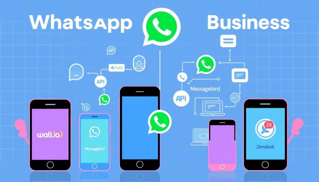 A vibrant, minimalist illustration depicting various WhatsApp Business API alternatives. In the foreground, sleek mobile devices representing popular messaging platforms like Wati.io, Twilio, Messagebird, and Zendesk. The middle ground showcases integration icons, API connections, and workflow automation elements. The background features a subtle grid pattern, conveying the technical underpinnings of these business communication solutions. The overall composition is clean, modern, and designed to highlight the comparative features and capabilities of the alternatives. Rendered in a soft, color-balanced palette to create a professional, informative visual asset. A vibrant, minimalist illustration depicting various WhatsApp Business API alternatives. In the foreground, sleek mobile devices representing popular messaging platforms like Wati.io, Twilio, Messagebird, and Zendesk. The middle ground showcases integration icons, API connections, and workflow automation elements. The background features a subtle grid pattern, conveying the technical underpinnings of these business communication solutions. The overall composition is clean, modern, and designed to highlight the comparative features and capabilities of the alternatives. Rendered in a soft, color-balanced palette to create a professional, informative visual asset.