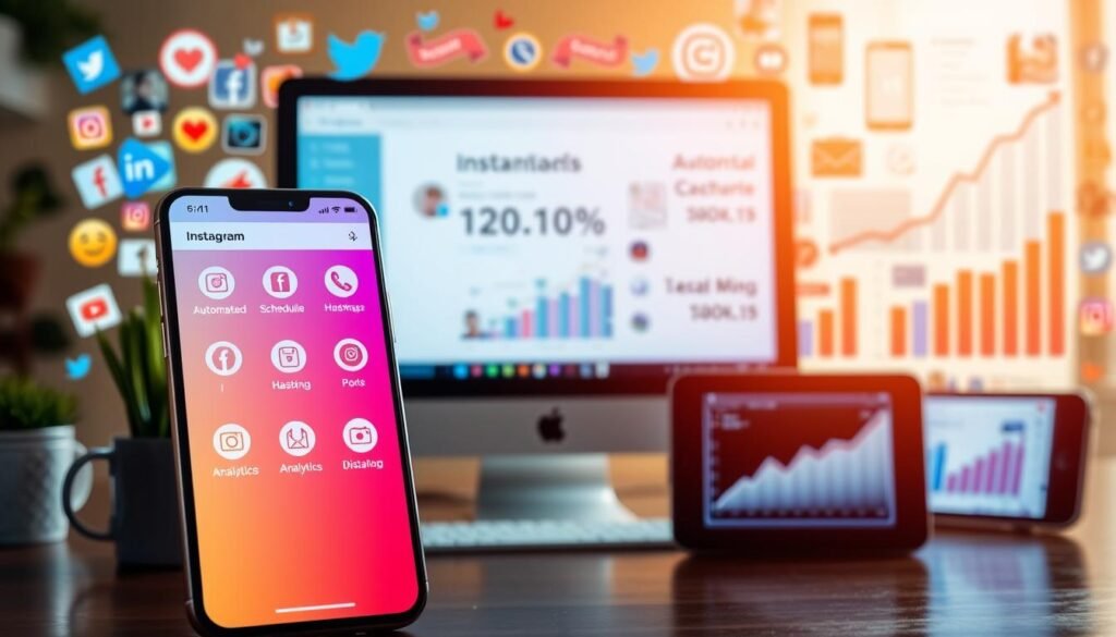 A vibrant, visually appealing image showcasing various Instagram growth tools. In the foreground, a smartphone displays a sleek, user-friendly dashboard with icons representing different features such as automated scheduling, hashtag research, and analytics. The middle ground features a desktop computer, with a social media management platform open, highlighting the cross-device functionality. In the background, a collage of social media icons, graphs, and growth statistics creates a sense of the powerful insights and optimization these tools provide. The lighting is warm and inviting, with a soft glow emanating from the devices. The overall composition conveys the efficiency, organization, and effectiveness of these Instagram growth tools. A vibrant, visually appealing image showcasing various Instagram growth tools. In the foreground, a smartphone displays a sleek, user-friendly dashboard with icons representing different features such as automated scheduling, hashtag research, and analytics. The middle ground features a desktop computer, with a social media management platform open, highlighting the cross-device functionality. In the background, a collage of social media icons, graphs, and growth statistics creates a sense of the powerful insights and optimization these tools provide. The lighting is warm and inviting, with a soft glow emanating from the devices. The overall composition conveys the efficiency, organization, and effectiveness of these Instagram growth tools.