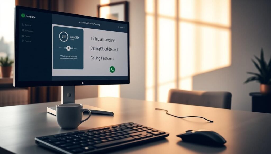 A well-lit, contemporary home office setup with a sleek, minimalist virtual landline phone interface displayed on a high-resolution computer monitor. The virtual landline features intuitive call controls, caller ID, and integrated cloud-based calling features. In the foreground, a modern desk with a wireless keyboard and mouse, and a cup of coffee. Warm, natural lighting fills the room, creating a productive and professional atmosphere. The background features a simple, uncluttered wall with a framed artwork piece, conveying a sense of sophistication and efficiency.