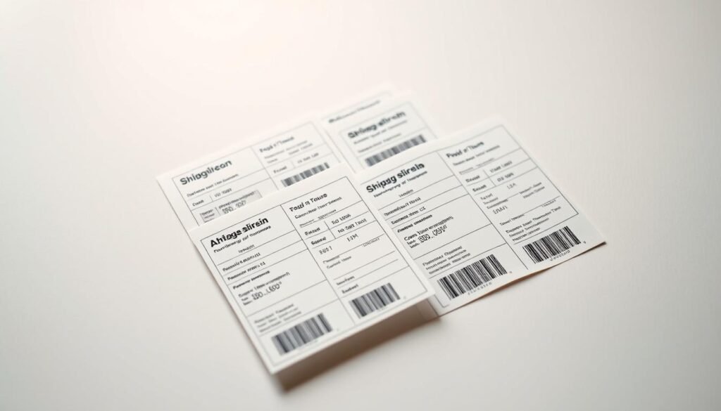 Detailed shipping labels with pricing plans, arranged neatly on a clean, minimalist background. Warm, diffused lighting creates a professional, authoritative atmosphere. Precise angles and crisp focus showcase the labels' key details - package dimensions, weight limits, and clear pricing tiers. Muted color palette of grays, blues, and whites conveys a sense of reliability and affordability. Carefully curated composition directs the viewer's attention to the essential information, creating a visually striking and informative image.