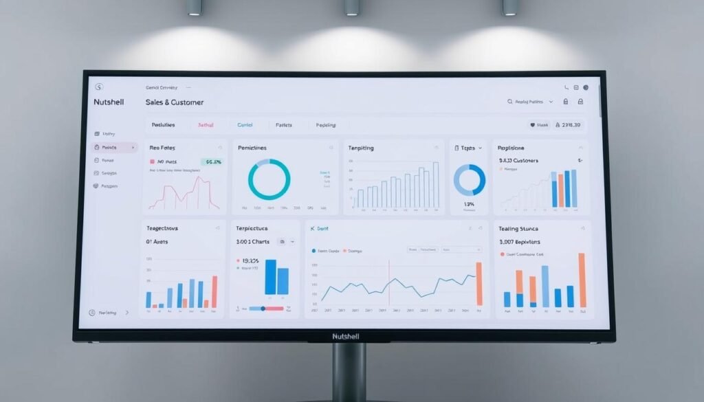 Nutshell.com free trial dashboard: A sleek, minimalist interface with a clean, professional aesthetic. The dashboard presents a comprehensive overview of sales and customer data, displayed on a large, high-resolution monitor with a matte black bezel. Soft, directional lighting from above illuminates the crisp, easily readable charts and graphs, creating a sense of clarity and focus. The layout is well-organized, with intuitive navigation and clear, concise labeling. The overall mood is one of efficiency, productivity, and a dedication to simplifying the complexities of sales and customer management. Nutshell.com free trial dashboard: A sleek, minimalist interface with a clean, professional aesthetic. The dashboard presents a comprehensive overview of sales and customer data, displayed on a large, high-resolution monitor with a matte black bezel. Soft, directional lighting from above illuminates the crisp, easily readable charts and graphs, creating a sense of clarity and focus. The layout is well-organized, with intuitive navigation and clear, concise labeling. The overall mood is one of efficiency, productivity, and a dedication to simplifying the complexities of sales and customer management.