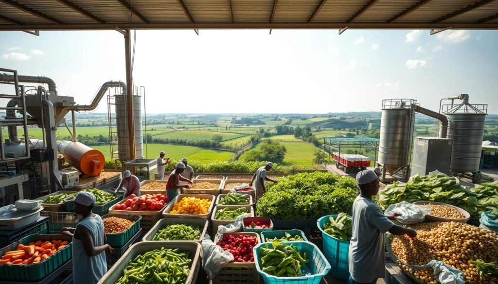 A bustling agricultural food processing facility in Nigeria, set against a backdrop of lush, verdant farmlands. In the foreground, workers diligently sort and clean fresh produce, their movements captured in a well-lit, photojournalistic style. The middle ground features advanced processing equipment, conveyor belts, and silos, all operating with precision. In the background, a panoramic view of the surrounding countryside, with rolling hills and a clear, sun-dappled sky. The overall atmosphere conveys a sense of industry, efficiency, and the vibrant integration of Nigeria's agricultural and food processing sectors. A bustling agricultural food processing facility in Nigeria, set against a backdrop of lush, verdant farmlands. In the foreground, workers diligently sort and clean fresh produce, their movements captured in a well-lit, photojournalistic style. The middle ground features advanced processing equipment, conveyor belts, and silos, all operating with precision. In the background, a panoramic view of the surrounding countryside, with rolling hills and a clear, sun-dappled sky. The overall atmosphere conveys a sense of industry, efficiency, and the vibrant integration of Nigeria's agricultural and food processing sectors.