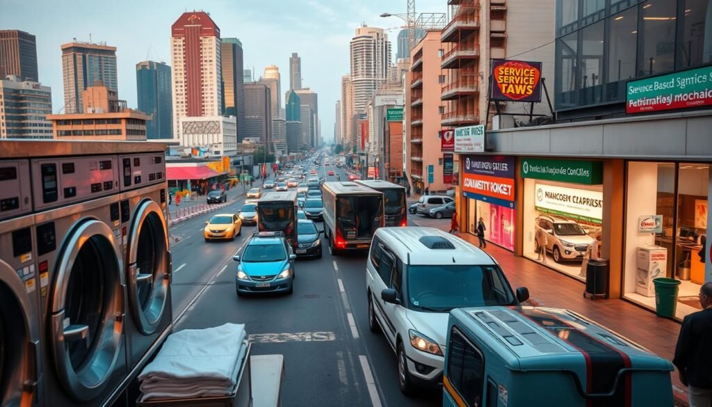 A bustling cityscape with skyscrapers and busy streets, capturing the vibrant energy of service-based opportunities. In the foreground, a well-appointed laundromat with modern equipment and neatly folded linens. In the middle ground, a fleet of sleek, efficient transport vehicles navigating the urban landscape. In the background, diverse service-based businesses like salons, repair shops, and professional offices thrive, illuminated by warm, natural lighting. The scene conveys a sense of productivity, entrepreneurship, and the dynamic potential of service-based industries in Nigeria. A bustling cityscape with skyscrapers and busy streets, capturing the vibrant energy of service-based opportunities. In the foreground, a well-appointed laundromat with modern equipment and neatly folded linens. In the middle ground, a fleet of sleek, efficient transport vehicles navigating the urban landscape. In the background, diverse service-based businesses like salons, repair shops, and professional offices thrive, illuminated by warm, natural lighting. The scene conveys a sense of productivity, entrepreneurship, and the dynamic potential of service-based industries in Nigeria.