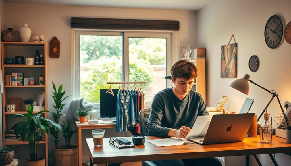 A cozy, well-lit home office setting showcasing various low-capital business ideas for students. In the foreground, a young entrepreneur sits at a wooden desk, examining prototypes and sketches. The middle ground features shelves displaying a variety of handmade products, from artisanal soaps to small-batch clothing items. In the background, a large window floods the space with natural light, illuminating a lush, urban garden visible outside. The overall mood is one of creativity, innovation, and entrepreneurial spirit, inspiring students to explore their own small business ventures. A cozy, well-lit home office setting showcasing various low-capital business ideas for students. In the foreground, a young entrepreneur sits at a wooden desk, examining prototypes and sketches. The middle ground features shelves displaying a variety of handmade products, from artisanal soaps to small-batch clothing items. In the background, a large window floods the space with natural light, illuminating a lush, urban garden visible outside. The overall mood is one of creativity, innovation, and entrepreneurial spirit, inspiring students to explore their own small business ventures.