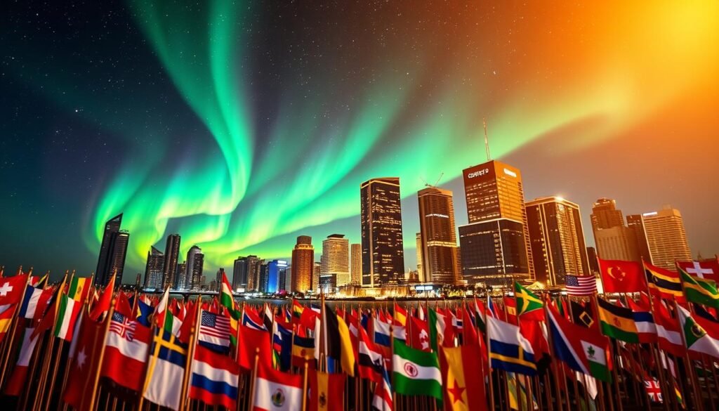 A dynamic global network of interconnected startup hubs, bustling with innovation and collaboration. In the foreground, a vibrant mosaic of flags representing diverse nations, symbolizing the worldwide reach of this competitive ecosystem. The middle ground showcases a skyline of modern skyscrapers, their glass facades reflecting the energy and ambition of the startups within. In the background, a vivid aurora borealis dances across the night sky, illuminating the boundless potential of this global startup landscape. Warm lighting casts a glow over the scene, creating a sense of optimism and opportunity. Captured through a wide-angle lens, the composition conveys the grand scale and interconnectedness of this thriving startup network. A dynamic global network of interconnected startup hubs, bustling with innovation and collaboration. In the foreground, a vibrant mosaic of flags representing diverse nations, symbolizing the worldwide reach of this competitive ecosystem. The middle ground showcases a skyline of modern skyscrapers, their glass facades reflecting the energy and ambition of the startups within. In the background, a vivid aurora borealis dances across the night sky, illuminating the boundless potential of this global startup landscape. Warm lighting casts a glow over the scene, creating a sense of optimism and opportunity. Captured through a wide-angle lens, the composition conveys the grand scale and interconnectedness of this thriving startup network.