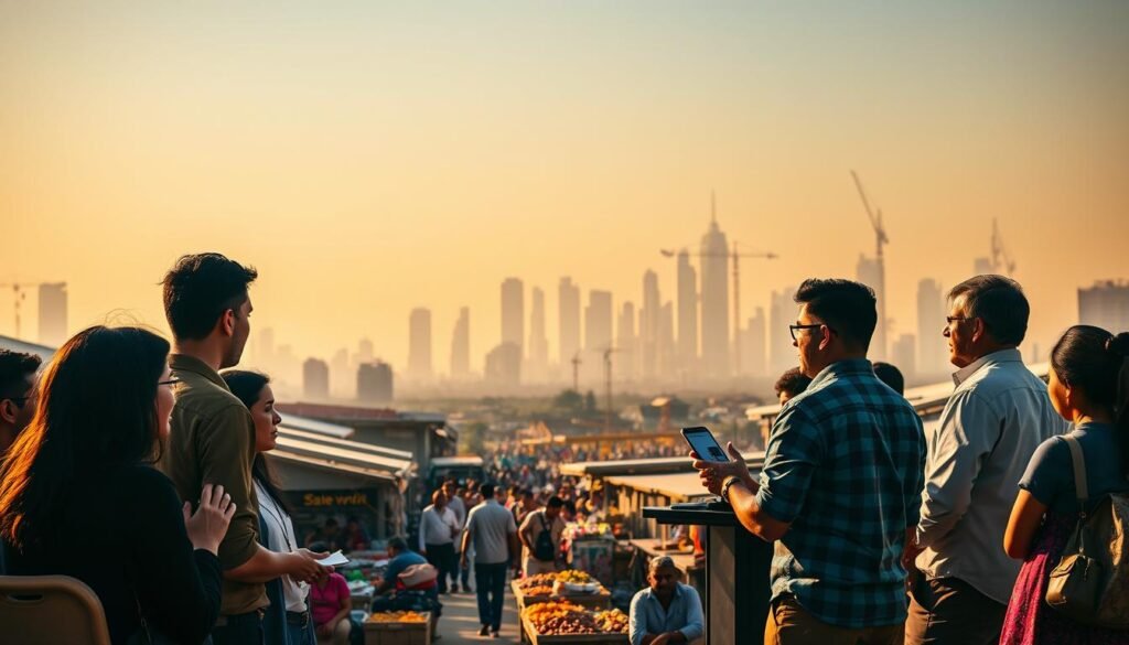 A dynamic startup competition set against the backdrop of an emerging market skyline. In the foreground, a diverse group of entrepreneurs pitch their innovative ideas to a panel of investors, their expressions reflecting both determination and anticipation. The middle ground features a bustling marketplace, with vendors and passersby adding energy and vibrancy to the scene. In the distance, a hazy silhouette of skyscrapers and construction cranes hints at the rapid urban growth and economic potential of the region. Warm, golden lighting casts a hopeful glow over the entire tableau, capturing the spirit of entrepreneurial optimism and the promise of new opportunities. A dynamic startup competition set against the backdrop of an emerging market skyline. In the foreground, a diverse group of entrepreneurs pitch their innovative ideas to a panel of investors, their expressions reflecting both determination and anticipation. The middle ground features a bustling marketplace, with vendors and passersby adding energy and vibrancy to the scene. In the distance, a hazy silhouette of skyscrapers and construction cranes hints at the rapid urban growth and economic potential of the region. Warm, golden lighting casts a hopeful glow over the entire tableau, capturing the spirit of entrepreneurial optimism and the promise of new opportunities.