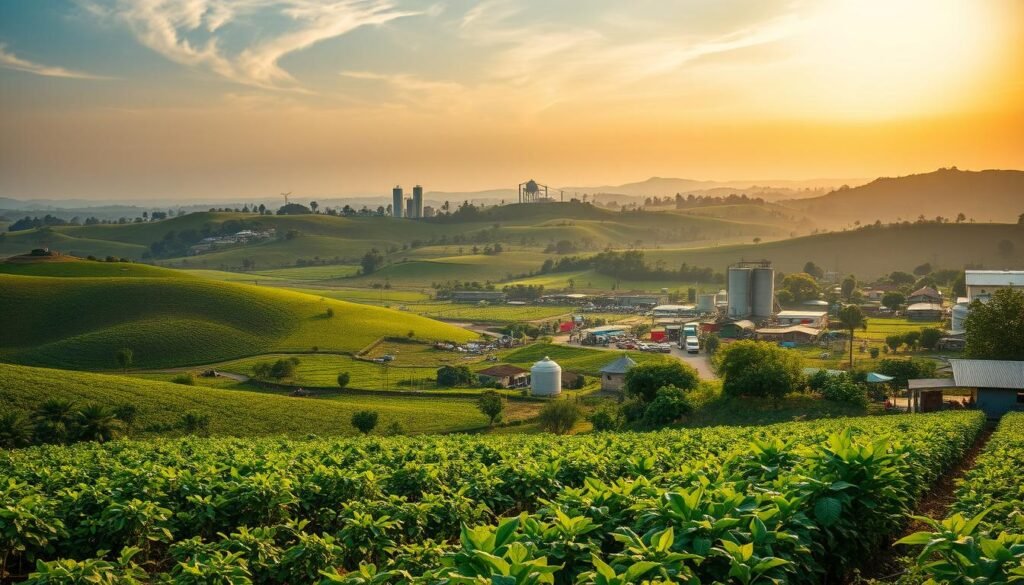 A lush, verdant landscape stretching across rolling hills, dotted with thriving agricultural enterprises. In the foreground, a family-owned farm teeming with vibrant crops and livestock, their hard work and dedication evident in the well-maintained fields. In the middle ground, a bustling local market, farmers and vendors exchanging their bountiful yields, showcasing the diversity and abundance of Nigeria's fertile lands. In the distance, towering silos and modern processing facilities, symbols of the country's burgeoning agribusiness opportunities. Warm, golden sunlight filters through wispy clouds, casting a hopeful glow over the scene, inviting the viewer to imagine the potential for growth and prosperity in Nigeria's agricultural sector. A lush, verdant landscape stretching across rolling hills, dotted with thriving agricultural enterprises. In the foreground, a family-owned farm teeming with vibrant crops and livestock, their hard work and dedication evident in the well-maintained fields. In the middle ground, a bustling local market, farmers and vendors exchanging their bountiful yields, showcasing the diversity and abundance of Nigeria's fertile lands. In the distance, towering silos and modern processing facilities, symbols of the country's burgeoning agribusiness opportunities. Warm, golden sunlight filters through wispy clouds, casting a hopeful glow over the scene, inviting the viewer to imagine the potential for growth and prosperity in Nigeria's agricultural sector.