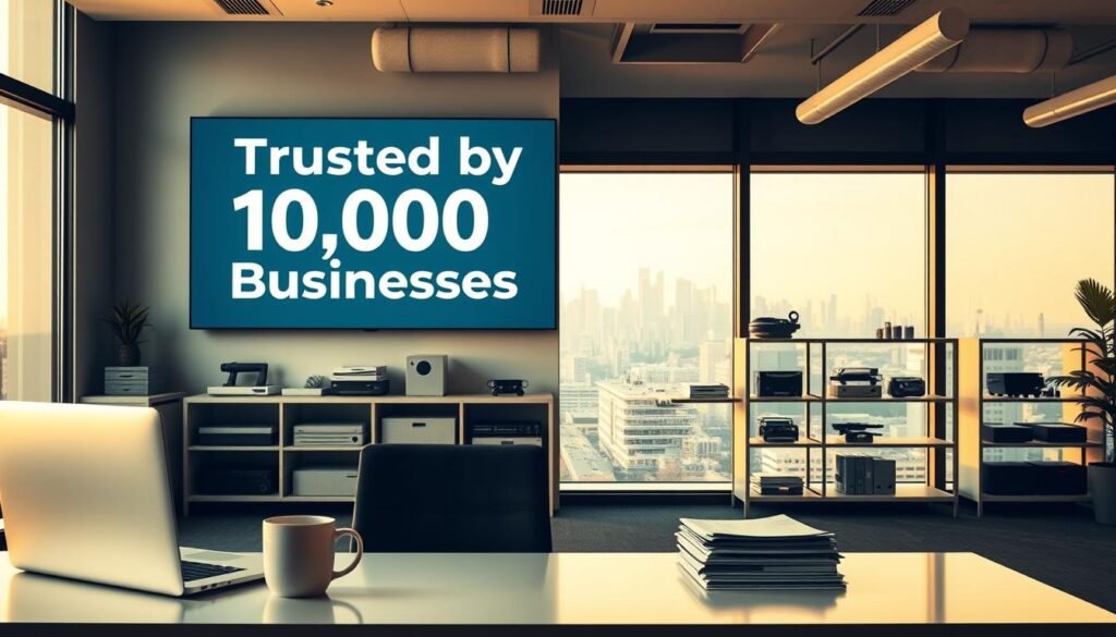 A meticulously crafted office interior, bathed in warm, natural lighting. In the foreground, a sleek, modern desk with a laptop, coffee mug, and a neatly arranged stack of documents. On the wall behind the desk, a bold, digital display showcases the text "Trusted by 10,000 Businesses", rendered in a clean, authoritative typeface. The middle ground features minimalist shelving units, housing an array of tools and equipment, conveying a sense of professionalism and expertise. In the background, large windows offer a panoramic view of a bustling urban landscape, reinforcing the idea of a thriving, industry-leading business. The overall atmosphere is one of trust, reliability, and a commitment to serving the needs of a diverse clientele.