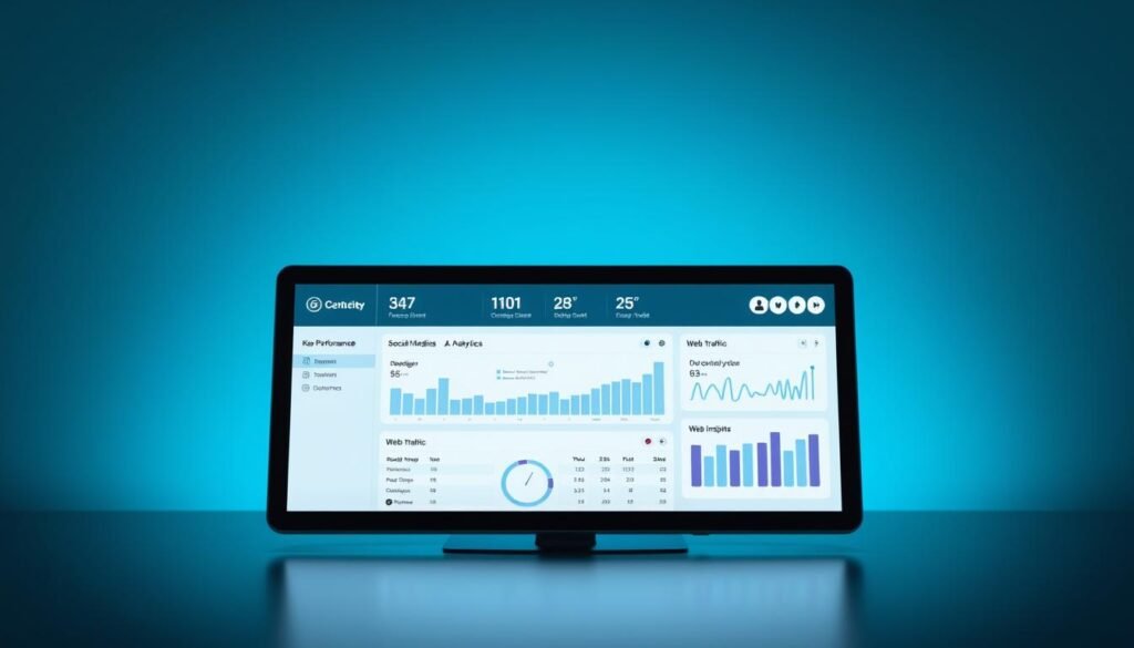 A modern, sleek digital device displaying an interactive dashboard showcasing key performance metrics, social media analytics, and web traffic insights. The device is set against a minimalist, gradient background in shades of blue and teal, evoking a sense of professionalism and technological sophistication. Subtle lighting casts a soft glow, highlighting the clean lines and elegant design of the device. The overall composition conveys a strong, cohesive digital presence and enhanced brand visibility for a forward-thinking, data-driven organization. A modern, sleek digital device displaying an interactive dashboard showcasing key performance metrics, social media analytics, and web traffic insights. The device is set against a minimalist, gradient background in shades of blue and teal, evoking a sense of professionalism and technological sophistication. Subtle lighting casts a soft glow, highlighting the clean lines and elegant design of the device. The overall composition conveys a strong, cohesive digital presence and enhanced brand visibility for a forward-thinking, data-driven organization.