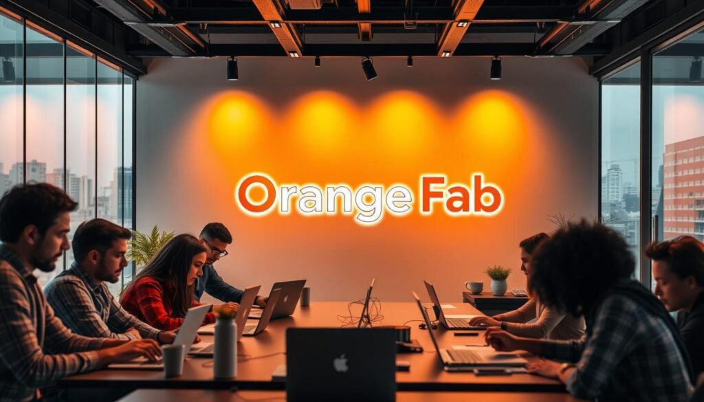 A modern, sleek startup workspace in Tunis, Tunisia. In the foreground, a group of young, diverse entrepreneurs collaborating on laptops and whiteboards, their faces focused and driven. The middle ground features the iconic Orange Fab logo prominently displayed on the wall, bathed in warm, ambient lighting. The background showcases the vibrant city skyline outside the large windows, hinting at the startup's global ambitions. The overall scene conveys a sense of innovation, progress, and the spirit of entrepreneurship fostered by the Orange Fab accelerator program. A modern, sleek startup workspace in Tunis, Tunisia. In the foreground, a group of young, diverse entrepreneurs collaborating on laptops and whiteboards, their faces focused and driven. The middle ground features the iconic Orange Fab logo prominently displayed on the wall, bathed in warm, ambient lighting. The background showcases the vibrant city skyline outside the large windows, hinting at the startup's global ambitions. The overall scene conveys a sense of innovation, progress, and the spirit of entrepreneurship fostered by the Orange Fab accelerator program.