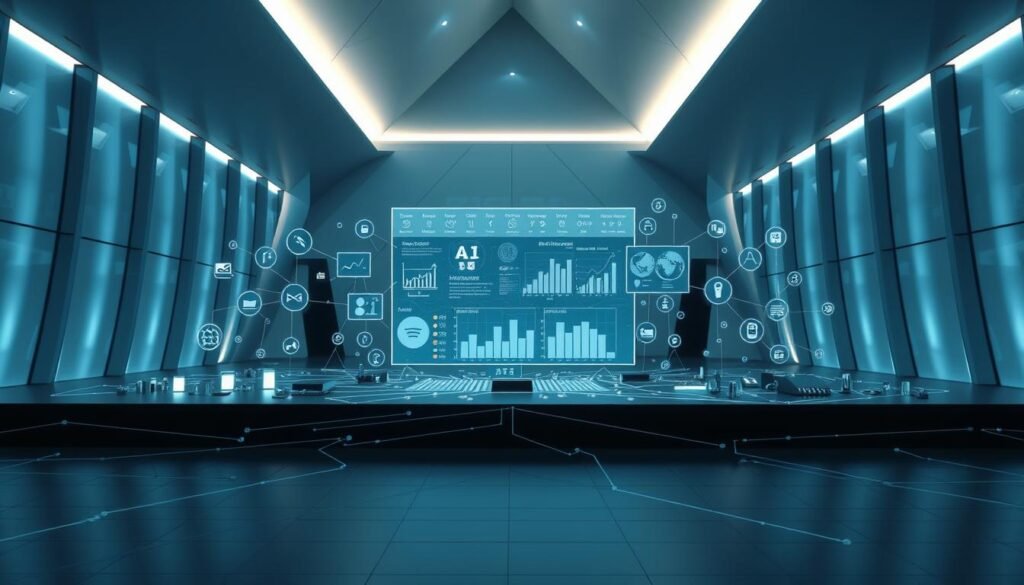 A modern technology platform with a sleek, minimalist design. In the foreground, a group of interconnected icons and interface elements represent various AI-powered software solutions and services. The middle ground features a large, holographic display showcasing dynamic data visualizations and analytics. In the background, a clean, geometric architectural backdrop with subtle ambient lighting creates a sense of technological sophistication. The overall scene conveys the power and versatility of an AI-driven technology platform that enables innovative business models and drives positive societal impact. A modern technology platform with a sleek, minimalist design. In the foreground, a group of interconnected icons and interface elements represent various AI-powered software solutions and services. The middle ground features a large, holographic display showcasing dynamic data visualizations and analytics. In the background, a clean, geometric architectural backdrop with subtle ambient lighting creates a sense of technological sophistication. The overall scene conveys the power and versatility of an AI-driven technology platform that enables innovative business models and drives positive societal impact.