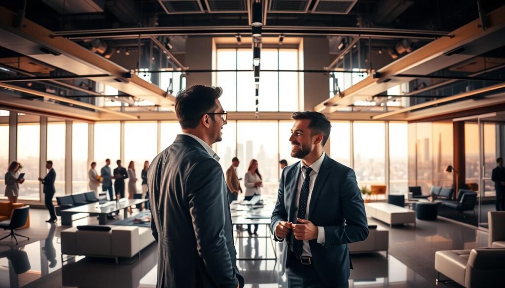A panoramic view of a modern corporate office space, bathed in warm, natural lighting. In the foreground, two businesspeople engage in an animated discussion, their body language conveying a sense of mentorship and collaboration. The middle ground features a group of diverse professionals gathered around a table, exchanging ideas and documents. In the background, the office space is filled with sleek, minimalist furnishings, and large windows offer a glimpse of a vibrant city skyline beyond. The overall atmosphere radiates a sense of global connectivity, innovation, and the synergy of multinational corporate partnerships. A panoramic view of a modern corporate office space, bathed in warm, natural lighting. In the foreground, two businesspeople engage in an animated discussion, their body language conveying a sense of mentorship and collaboration. The middle ground features a group of diverse professionals gathered around a table, exchanging ideas and documents. In the background, the office space is filled with sleek, minimalist furnishings, and large windows offer a glimpse of a vibrant city skyline beyond. The overall atmosphere radiates a sense of global connectivity, innovation, and the synergy of multinational corporate partnerships.