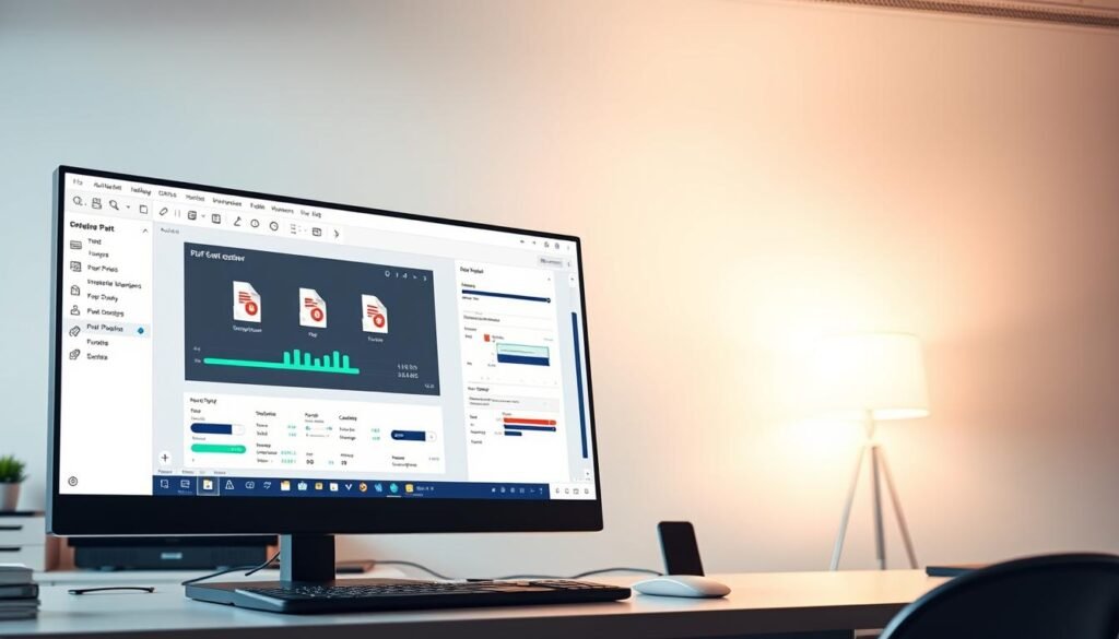 A sleek and modern office desktop with a high-performance PDF software interface prominently displayed on a large, high-resolution monitor. The foreground features the PDF editor's clean and intuitive layout, highlighting its advanced features and tools. The middle ground showcases the software's lightning-fast processing speeds, with visual cues like progress bars and smooth animations. The background depicts a minimalist, well-lit workspace, conveying a sense of professionalism and reliability. Soft, directional lighting casts a warm glow, emphasizing the software's robust performance and smooth user experience.