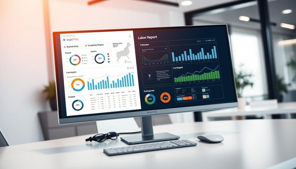 A sleek and modern office setting with a large desk showcasing a detailed labor management report displayed on a high-resolution computer monitor. The report features clean typography, intuitive data visualizations, and a sophisticated color palette that conveys professionalism and efficiency. The lighting is soft and directional, creating a warm and productive atmosphere. The camera angle captures the report from a slightly elevated perspective, emphasizing the report's importance and the user's authority over the data. The background is a blurred, minimalist office environment, keeping the focus on the intricate report.