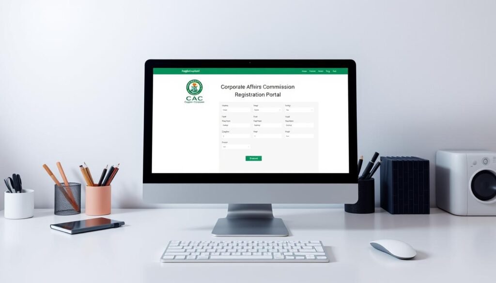 A sleek and modern online registration portal for the Corporate Affairs Commission (CAC) stands prominently on a clean, minimalist desktop. Soft lighting illuminates the screen, revealing a streamlined interface with intuitive navigation and input fields. In the background, a subtle gradient backdrop sets a professional tone, while a desktop computer and office supplies hint at the practical application of this digital service. The overall scene conveys efficiency, accessibility, and the convenience of leveraging online tools for business name registration in Nigeria. A sleek and modern online registration portal for the Corporate Affairs Commission (CAC) stands prominently on a clean, minimalist desktop. Soft lighting illuminates the screen, revealing a streamlined interface with intuitive navigation and input fields. In the background, a subtle gradient backdrop sets a professional tone, while a desktop computer and office supplies hint at the practical application of this digital service. The overall scene conveys efficiency, accessibility, and the convenience of leveraging online tools for business name registration in Nigeria.