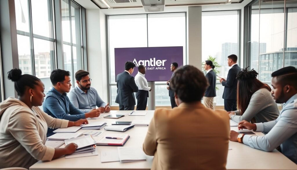 A sleek, modern office space with large windows flooding the room with natural light. In the foreground, a group of professionals gathered around a table, intently reviewing application materials and resumes. In the middle ground, a team of interviewers confers, evaluating candidates with keen focus. In the background, a digital display showcases the Antler East Africa logo, conveying the startup investment hub's brand. The atmosphere is one of professional rigor, carefully curated to identify the most promising entrepreneurs. The lighting is soft and even, highlighting the collaborative nature of the selection process. A sleek, modern office space with large windows flooding the room with natural light. In the foreground, a group of professionals gathered around a table, intently reviewing application materials and resumes. In the middle ground, a team of interviewers confers, evaluating candidates with keen focus. In the background, a digital display showcases the Antler East Africa logo, conveying the startup investment hub's brand. The atmosphere is one of professional rigor, carefully curated to identify the most promising entrepreneurs. The lighting is soft and even, highlighting the collaborative nature of the selection process.