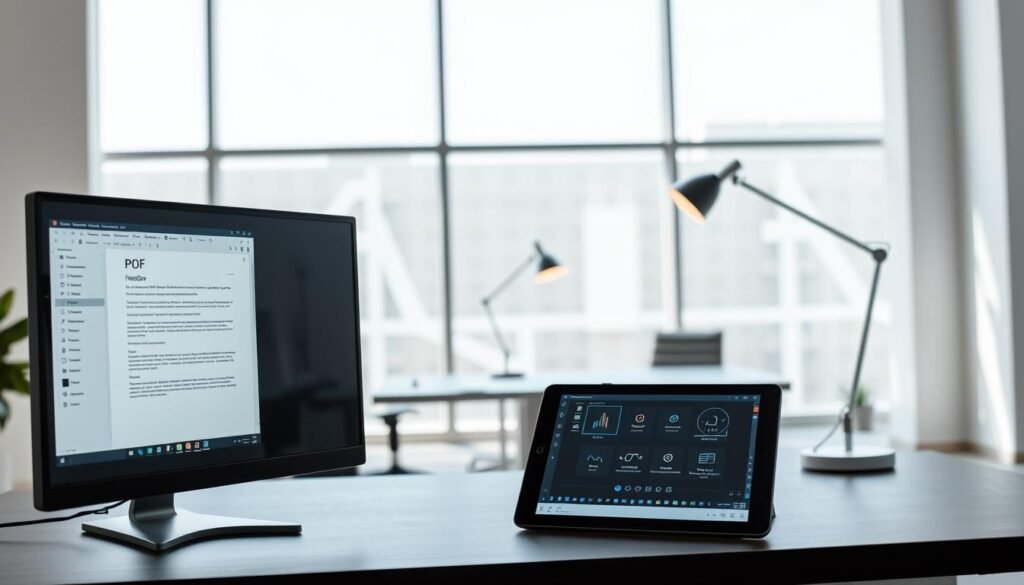A sleek, modern office workspace showcasing a PDF management solution. In the foreground, a computer display presents a user-friendly PDF editor interface with intuitive controls. On the desk, a tablet device displays annotations and editing tools. In the middle ground, an ergonomic office chair and a stylish desk lamp create a professional atmosphere. The background features floor-to-ceiling windows, allowing natural light to flood the space and highlighting the clean, minimalist design. The overall mood is one of productivity, efficiency, and attention to detail, reflecting the capabilities of the PDF management solution.