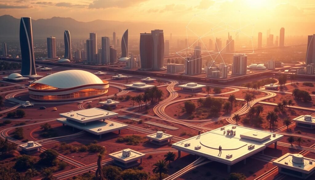 A strategic growth model in a dynamic African landscape. A sleek, futuristic cityscape in the background, with towering skyscrapers and advanced infrastructure. In the foreground, a modular, interconnected network of platforms, pathways, and collaborative hubs, symbolizing the "plug and play" ecosystem. Vibrant colors, clean lines, and a sense of seamless integration between technology and the natural environment. Overhead, a constellation of data streams and digital connections, representing the flow of innovation and opportunity. Warm, diffused lighting casts a glow of progress and potential, inviting the viewer to envision the future of African entrepreneurship and growth. A strategic growth model in a dynamic African landscape. A sleek, futuristic cityscape in the background, with towering skyscrapers and advanced infrastructure. In the foreground, a modular, interconnected network of platforms, pathways, and collaborative hubs, symbolizing the "plug and play" ecosystem. Vibrant colors, clean lines, and a sense of seamless integration between technology and the natural environment. Overhead, a constellation of data streams and digital connections, representing the flow of innovation and opportunity. Warm, diffused lighting casts a glow of progress and potential, inviting the viewer to envision the future of African entrepreneurship and growth.