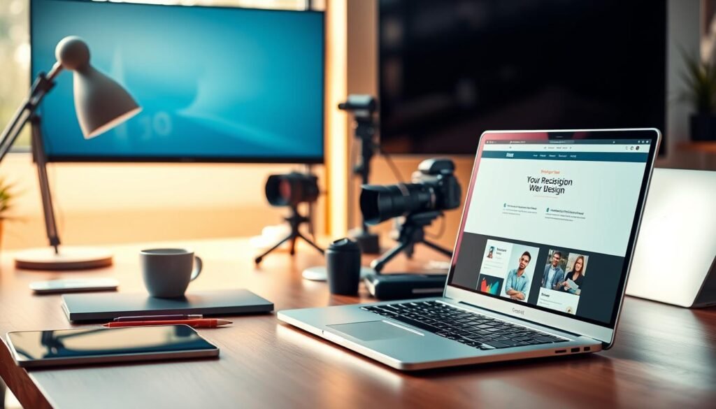 A vibrant and modern workspace showcasing the art of web design and content creation. In the foreground, a sleek laptop displays a minimalist website layout, surrounded by a neatly organized desk with a stylish tablet, a cup of coffee, and a well-curated selection of stationery. The middle ground features an array of digital devices, including a high-resolution monitor and a professional camera, hinting at the diverse tools used in content creation. The background is filled with a warm, natural light, casting a soft glow over the scene and creating a serene, inspirational atmosphere. The overall composition conveys a sense of creativity, productivity, and the seamless integration of technology in the realm of web design and content development. A vibrant and modern workspace showcasing the art of web design and content creation. In the foreground, a sleek laptop displays a minimalist website layout, surrounded by a neatly organized desk with a stylish tablet, a cup of coffee, and a well-curated selection of stationery. The middle ground features an array of digital devices, including a high-resolution monitor and a professional camera, hinting at the diverse tools used in content creation. The background is filled with a warm, natural light, casting a soft glow over the scene and creating a serene, inspirational atmosphere. The overall composition conveys a sense of creativity, productivity, and the seamless integration of technology in the realm of web design and content development.