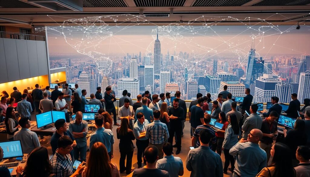 A vibrant, interconnected global network of startup accelerators, incubators, and investors, bustling with energy and opportunity. In the foreground, a diverse group of entrepreneurs engaged in lively discussions, exchanging ideas and forging connections. The middle ground features sleek, modern office spaces, video conference screens, and data visualizations, reflecting the technological prowess and international reach of this partnership ecosystem. In the background, a panoramic view of major cities and skylines, symbolizing the worldwide scope and collaborative nature of this dynamic startup landscape. Warm, diffused lighting casts a sense of optimism and possibility, while a subtle depth of field emphasizes the depth and complexity of this global startup support network. A vibrant, interconnected global network of startup accelerators, incubators, and investors, bustling with energy and opportunity. In the foreground, a diverse group of entrepreneurs engaged in lively discussions, exchanging ideas and forging connections. The middle ground features sleek, modern office spaces, video conference screens, and data visualizations, reflecting the technological prowess and international reach of this partnership ecosystem. In the background, a panoramic view of major cities and skylines, symbolizing the worldwide scope and collaborative nature of this dynamic startup landscape. Warm, diffused lighting casts a sense of optimism and possibility, while a subtle depth of field emphasizes the depth and complexity of this global startup support network.