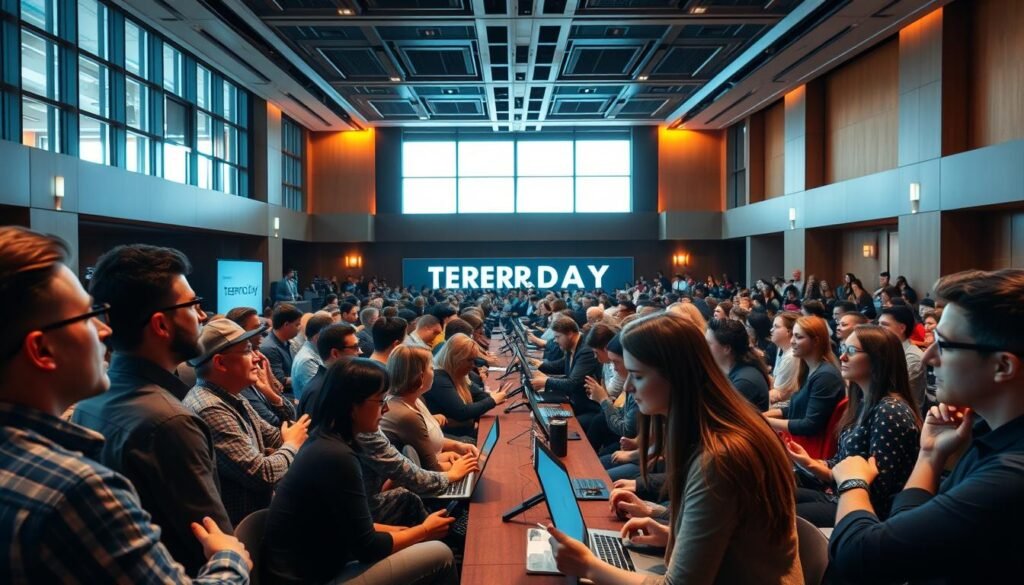 A vibrant scene of a startup demo day event, staged in a modern conference hall with an energetic atmosphere. The foreground features a group of founders passionately presenting their ideas to an engaged audience, their faces animated as they share their vision. The middle ground showcases a sea of laptops and note-taking attendees, eager to discover the latest innovations. The background frames the event with sleek architectural elements, floor-to-ceiling windows allowing natural light to pour in, illuminating the space. Warm lighting casts a soft glow, creating an inviting and inspiring ambiance for this celebration of entrepreneurship and creativity. A vibrant scene of a startup demo day event, staged in a modern conference hall with an energetic atmosphere. The foreground features a group of founders passionately presenting their ideas to an engaged audience, their faces animated as they share their vision. The middle ground showcases a sea of laptops and note-taking attendees, eager to discover the latest innovations. The background frames the event with sleek architectural elements, floor-to-ceiling windows allowing natural light to pour in, illuminating the space. Warm lighting casts a soft glow, creating an inviting and inspiring ambiance for this celebration of entrepreneurship and creativity.