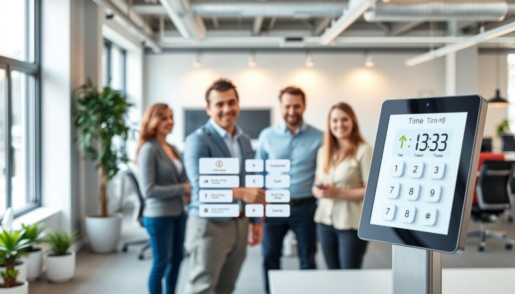 A vibrant, well-lit office scene depicting user-friendly time clock methods. In the foreground, a clean and intuitive digital time clock interface on a sleek touchscreen display, showcasing seamless employee check-in and check-out options. The middle ground features a group of smiling office workers interacting with the time clock, highlighting the ease and convenience of the system. The background depicts a modern, open-concept workspace with ergonomic workstations, natural lighting, and minimalist decor, creating a productive and pleasant atmosphere. The overall composition conveys a sense of efficiency, simplicity, and employee satisfaction with the time tracking process.