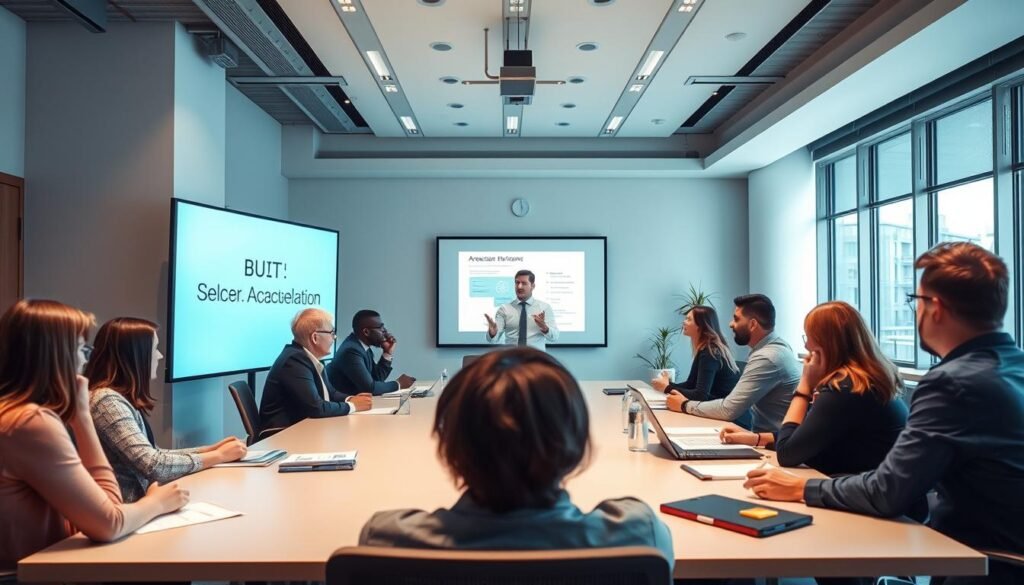 A well-lit conference room with a large table, chairs, and a projection screen. In the foreground, a group of professionals engaged in a lively discussion, examining documents and notes. The middle ground features a presenter standing, gesturing animatedly, explaining a process using a digital presentation. The background showcases a modern, minimalist design with clean lines, subdued colors, and large windows allowing natural light to flood the space, creating a sense of openness and collaboration. The overall atmosphere conveys a thoughtful, engaged selection process for an accelerator program, fostering innovation and growth. A well-lit conference room with a large table, chairs, and a projection screen. In the foreground, a group of professionals engaged in a lively discussion, examining documents and notes. The middle ground features a presenter standing, gesturing animatedly, explaining a process using a digital presentation. The background showcases a modern, minimalist design with clean lines, subdued colors, and large windows allowing natural light to flood the space, creating a sense of openness and collaboration. The overall atmosphere conveys a thoughtful, engaged selection process for an accelerator program, fostering innovation and growth.