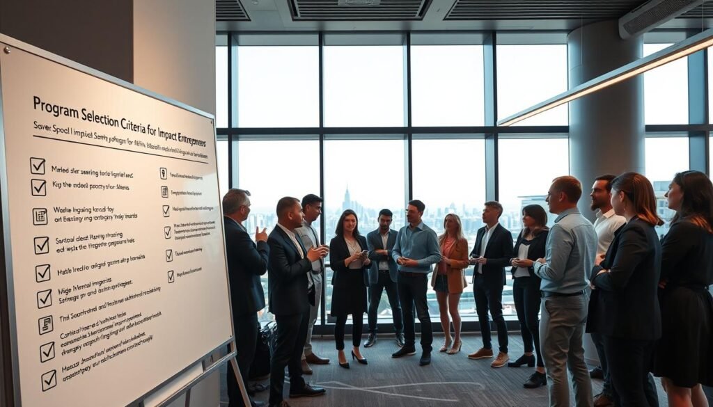 A well-lit, wide-angle shot of a sleek, modern office space. In the foreground, a whiteboard displays a list of program selection criteria for impact entrepreneurs, with icons and bullet points highlighting key requirements. In the middle ground, a group of diverse entrepreneurs engage in thoughtful discussion, gesturing towards the whiteboard. The background features floor-to-ceiling windows, offering a panoramic view of a vibrant cityscape, conveying a sense of global connectivity and opportunity. The overall scene exudes a professional, yet inviting atmosphere, reflecting the dynamic nature of the E4Impact Accelerator program. A well-lit, wide-angle shot of a sleek, modern office space. In the foreground, a whiteboard displays a list of program selection criteria for impact entrepreneurs, with icons and bullet points highlighting key requirements. In the middle ground, a group of diverse entrepreneurs engage in thoughtful discussion, gesturing towards the whiteboard. The background features floor-to-ceiling windows, offering a panoramic view of a vibrant cityscape, conveying a sense of global connectivity and opportunity. The overall scene exudes a professional, yet inviting atmosphere, reflecting the dynamic nature of the E4Impact Accelerator program.