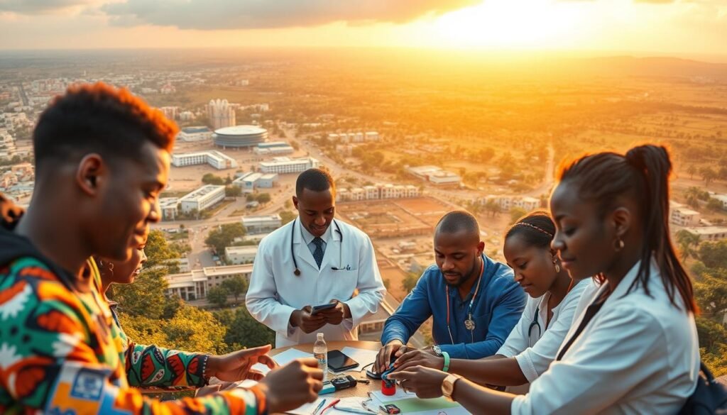 An expansive, vibrant landscape showcases the future of HealthTech innovation in Africa. In the foreground, a diverse group of entrepreneurs collaborates on cutting-edge medical technologies, their faces alight with the spark of creativity. In the middle ground, state-of-the-art medical facilities and laboratories stand as testaments to the region's commitment to healthcare advancement. The background depicts the bustling urban centers and lush, verdant countryside that serve as the backdrop for this transformative program, bathed in warm, golden light that illuminates the dawn of a new era of African HealthTech. An expansive, vibrant landscape showcases the future of HealthTech innovation in Africa. In the foreground, a diverse group of entrepreneurs collaborates on cutting-edge medical technologies, their faces alight with the spark of creativity. In the middle ground, state-of-the-art medical facilities and laboratories stand as testaments to the region's commitment to healthcare advancement. The background depicts the bustling urban centers and lush, verdant countryside that serve as the backdrop for this transformative program, bathed in warm, golden light that illuminates the dawn of a new era of African HealthTech.