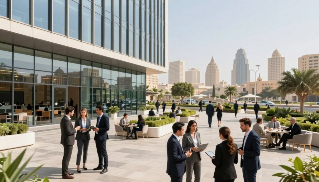 A bustling business environment at Cairo Business Plaza, showcasing modern office and retail spaces. In the foreground, a sleek glass building with contemporary architectural design, featuring large windows reflecting the sunlight. Business professionals in smart attire discuss in small groups, using tablets and laptops, conveying a sense of collaboration and productivity. In the middle ground, a spacious plaza with manicured greenery and stylish outdoor seating areas, where visitors are engaging in conversations. The background reveals the vibrant skyline of Cairo, with historical landmarks subtly emerging, symbolizing the blend of modernity and tradition. Bright, natural lighting enhances the scene, creating an inviting atmosphere. The angle is slightly elevated, capturing the dynamic energy of the space. A bustling business environment at Cairo Business Plaza, showcasing modern office and retail spaces. In the foreground, a sleek glass building with contemporary architectural design, featuring large windows reflecting the sunlight. Business professionals in smart attire discuss in small groups, using tablets and laptops, conveying a sense of collaboration and productivity. In the middle ground, a spacious plaza with manicured greenery and stylish outdoor seating areas, where visitors are engaging in conversations. The background reveals the vibrant skyline of Cairo, with historical landmarks subtly emerging, symbolizing the blend of modernity and tradition. Bright, natural lighting enhances the scene, creating an inviting atmosphere. The angle is slightly elevated, capturing the dynamic energy of the space.