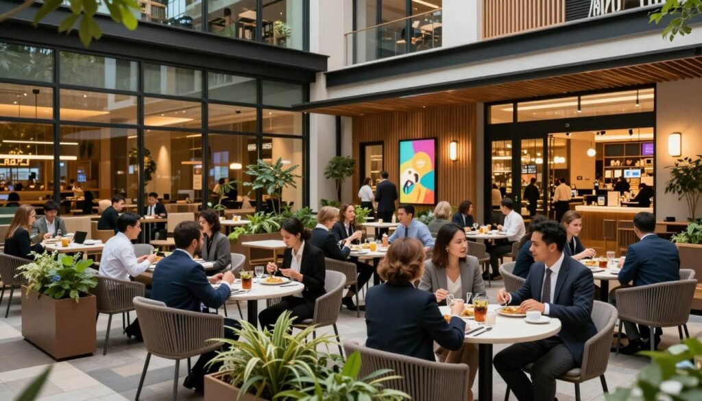 A bustling retail dining area within a modern business park, featuring a variety of casually elegant restaurants and cafes. In the foreground, a diverse group of tenants in professional attire are mingling and enjoying meals at stylish outdoor tables, surrounded by lush greenery and decorative planters. In the middle ground, sleek architecture showcases large glass windows inviting natural light, with a blend of rustic and contemporary design elements. The background includes a vibrant retail space, accentuated by colorful signage and inviting entrances. Soft, warm lighting enhances the welcoming atmosphere, creating a sense of community and relaxation. The angle captures an inviting view that encapsulates the combination of work and leisure in a premier business setting. A bustling retail dining area within a modern business park, featuring a variety of casually elegant restaurants and cafes. In the foreground, a diverse group of tenants in professional attire are mingling and enjoying meals at stylish outdoor tables, surrounded by lush greenery and decorative planters. In the middle ground, sleek architecture showcases large glass windows inviting natural light, with a blend of rustic and contemporary design elements. The background includes a vibrant retail space, accentuated by colorful signage and inviting entrances. Soft, warm lighting enhances the welcoming atmosphere, creating a sense of community and relaxation. The angle captures an inviting view that encapsulates the combination of work and leisure in a premier business setting.