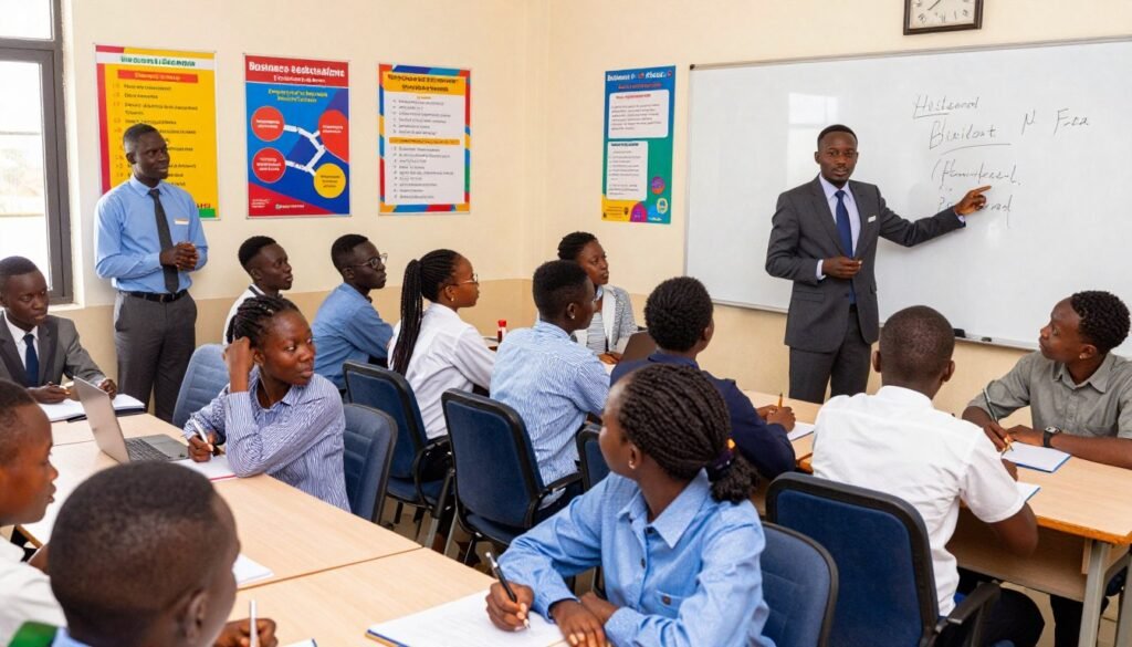 A busy classroom setting in Nigeria, showcasing students engaged in business education activities, with a diverse group of individuals in professional business attire. In the foreground, a teacher passionately explaining concepts on a digital whiteboard, with students attentively taking notes. The middle ground features students working collaboratively in small groups, discussing challenges like limited resources and access to technology. The background shows vibrant educational posters highlighting the goals of business education. The overall lighting is bright and inviting, emphasizing a hopeful atmosphere. A wide-angle lens captures the bustling environment, evoking a sense of determination and resilience amidst challenges. A busy classroom setting in Nigeria, showcasing students engaged in business education activities, with a diverse group of individuals in professional business attire. In the foreground, a teacher passionately explaining concepts on a digital whiteboard, with students attentively taking notes. The middle ground features students working collaboratively in small groups, discussing challenges like limited resources and access to technology. The background shows vibrant educational posters highlighting the goals of business education. The overall lighting is bright and inviting, emphasizing a hopeful atmosphere. A wide-angle lens captures the bustling environment, evoking a sense of determination and resilience amidst challenges.