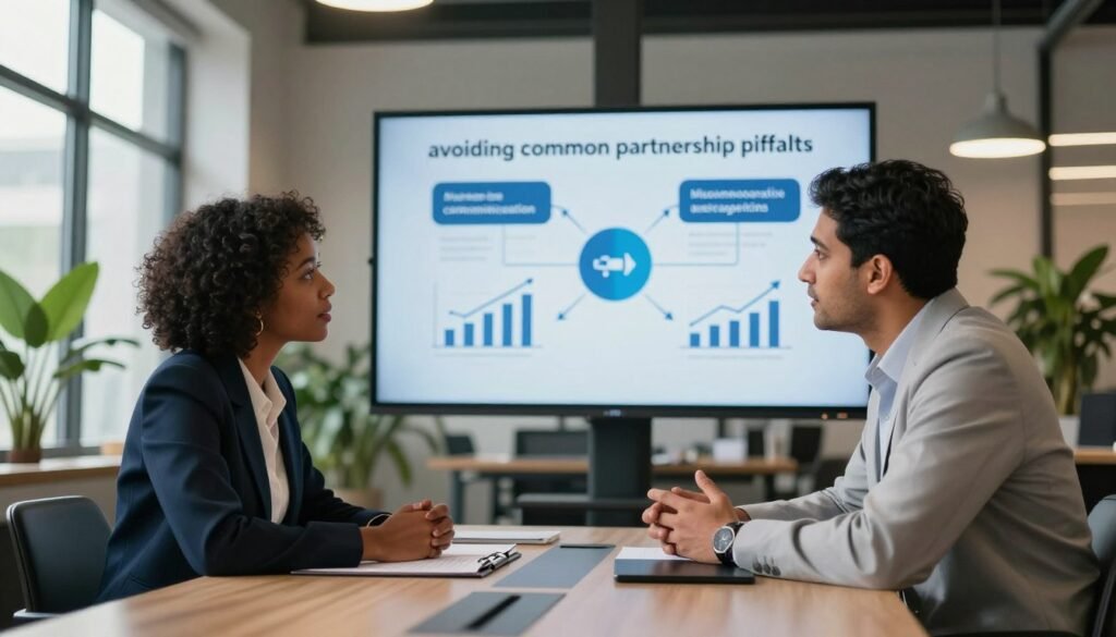 A carefully composed image illustrating the theme of "avoiding common partnership pitfalls" in a business context. In the foreground, two business partners, a Black woman and a South Asian man, are engaged in a focused discussion at a sleek conference table, dressed in professional business attire. The middle ground features a large digital screen displaying visual representations of partnership challenges, such as miscommunication and financial discrepancies. In the background, a modern office space with plants and large windows creates an inviting atmosphere, suggesting collaboration and growth. Soft, natural lighting filters through the windows, casting a warm glow that enhances the productive mood. A low-angle perspective captures the intensity of their conversation, emphasizing the importance of addressing these pitfalls. A carefully composed image illustrating the theme of "avoiding common partnership pitfalls" in a business context. In the foreground, two business partners, a Black woman and a South Asian man, are engaged in a focused discussion at a sleek conference table, dressed in professional business attire. The middle ground features a large digital screen displaying visual representations of partnership challenges, such as miscommunication and financial discrepancies. In the background, a modern office space with plants and large windows creates an inviting atmosphere, suggesting collaboration and growth. Soft, natural lighting filters through the windows, casting a warm glow that enhances the productive mood. A low-angle perspective captures the intensity of their conversation, emphasizing the importance of addressing these pitfalls.