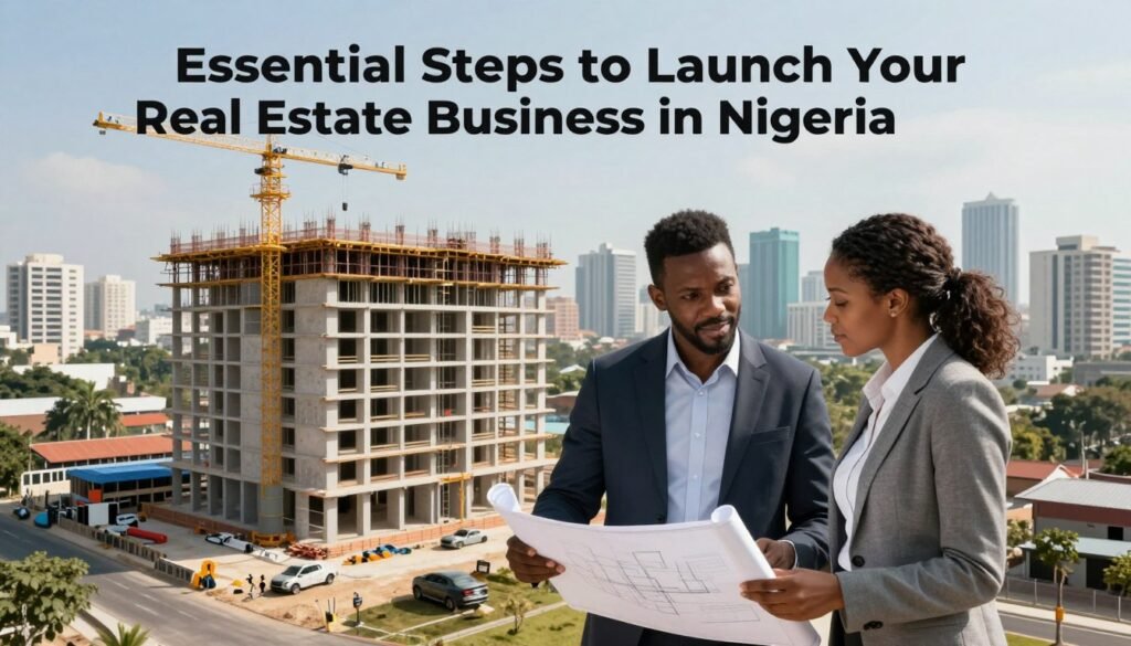 A clear and concise visual representation of "Essential Steps to Launch Your Real Estate Business" in Nigeria. In the foreground, a professional man and woman in business attire are engaging in a discussion over a blueprint, showcasing planning and collaboration. In the middle, a large, modern building under construction symbolizes growth and opportunity, surrounded by construction tools and materials. In the background, a bustling Nigerian city skyline conveys ambition and development potential. Natural daylight bathes the scene, casting soft shadows to enhance depth. The overall mood is strategic and optimistic, emphasizing professionalism and determination in the real estate industry. A clear and concise visual representation of "Essential Steps to Launch Your Real Estate Business" in Nigeria. In the foreground, a professional man and woman in business attire are engaging in a discussion over a blueprint, showcasing planning and collaboration. In the middle, a large, modern building under construction symbolizes growth and opportunity, surrounded by construction tools and materials. In the background, a bustling Nigerian city skyline conveys ambition and development potential. Natural daylight bathes the scene, casting soft shadows to enhance depth. The overall mood is strategic and optimistic, emphasizing professionalism and determination in the real estate industry.