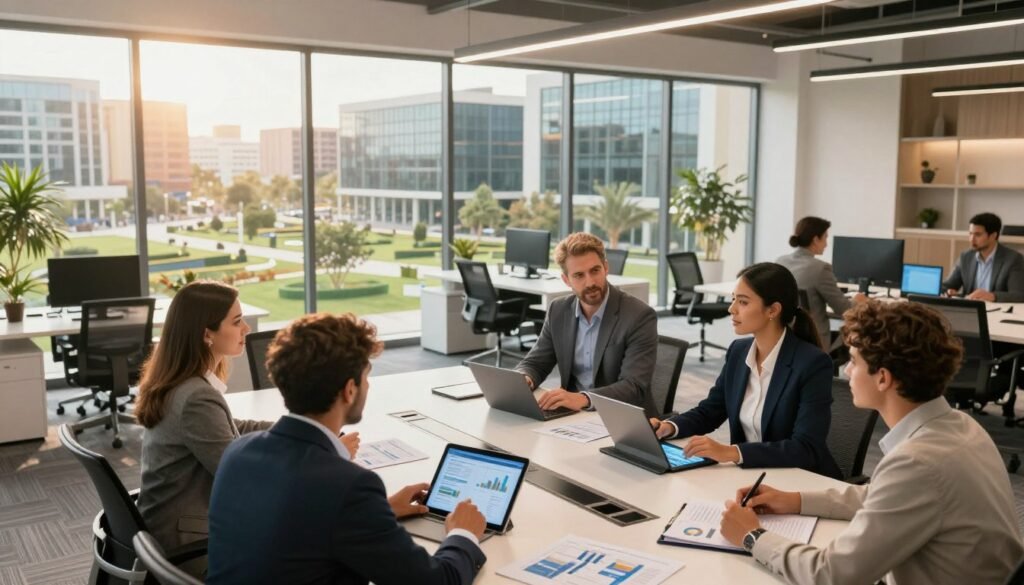 A contemporary office setting at Mivida Business Park in Egypt, showcasing flexible ownership payment plans. In the foreground, a diverse group of professionals, dressed in formal business attire, engage in discussion around a modern conference table with digital tablets and financial charts spread before them. The middle layer features sleek office furniture and large windows offering a view of the vibrant business park. In the background, stunning architecture with green spaces and sunlight streaming through gives a sense of openness and innovation. Soft, warm lighting creates an inviting atmosphere, emphasizing collaboration and opportunity. The image captures the essence of modern business solutions, highlighting flexibility and cooperation without any text or distractions. A contemporary office setting at Mivida Business Park in Egypt, showcasing flexible ownership payment plans. In the foreground, a diverse group of professionals, dressed in formal business attire, engage in discussion around a modern conference table with digital tablets and financial charts spread before them. The middle layer features sleek office furniture and large windows offering a view of the vibrant business park. In the background, stunning architecture with green spaces and sunlight streaming through gives a sense of openness and innovation. Soft, warm lighting creates an inviting atmosphere, emphasizing collaboration and opportunity. The image captures the essence of modern business solutions, highlighting flexibility and cooperation without any text or distractions.