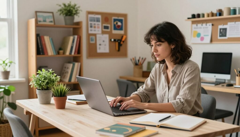 A cozy home office scene illustrating various low-overhead business ideas. In the foreground, a neatly organized desk with a laptop, potted plants, notebooks, and handmade crafts. A professional woman in modest casual attire is working diligently on her laptop, with a focused expression. The middle ground features shelves filled with books, a vision board, and tools for creative activities like art supplies or sewing materials. In the background, a window offers soft natural light, illuminating the space with a warm, inviting ambiance. The atmosphere conveys productivity and creativity, showcasing the potential of home-based businesses. The angle captures the essence of a vibrant entrepreneurial spirit within a stylish, clutter-free environment. A cozy home office scene illustrating various low-overhead business ideas. In the foreground, a neatly organized desk with a laptop, potted plants, notebooks, and handmade crafts. A professional woman in modest casual attire is working diligently on her laptop, with a focused expression. The middle ground features shelves filled with books, a vision board, and tools for creative activities like art supplies or sewing materials. In the background, a window offers soft natural light, illuminating the space with a warm, inviting ambiance. The atmosphere conveys productivity and creativity, showcasing the potential of home-based businesses. The angle captures the essence of a vibrant entrepreneurial spirit within a stylish, clutter-free environment.