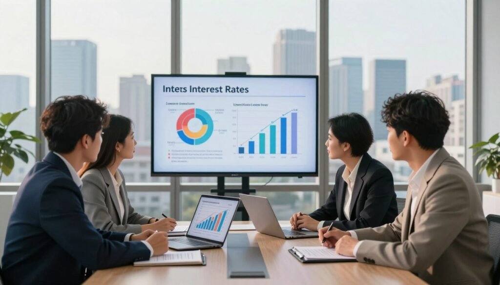 A detailed scene depicting a professional business meeting in a modern office setting, illustrating the concept of understanding loan interest rates and total costs for entrepreneurs. In the foreground, a diverse group of four individuals—two male and two female, dressed in smart business attire—are gathered around a sleek conference table, analyzing graphs and charts displayed on a laptop. The middle ground features a large digital screen displaying an infographic of interest rates and loan costs, with colorful visuals. In the background, floor-to-ceiling windows offer a panoramic view of a bustling city skyline, bathed in warm natural light, creating an atmosphere of hope and ambition. The overall mood is focused and professional, emphasizing financial literacy and entrepreneurial spirit. A detailed scene depicting a professional business meeting in a modern office setting, illustrating the concept of understanding loan interest rates and total costs for entrepreneurs. In the foreground, a diverse group of four individuals—two male and two female, dressed in smart business attire—are gathered around a sleek conference table, analyzing graphs and charts displayed on a laptop. The middle ground features a large digital screen displaying an infographic of interest rates and loan costs, with colorful visuals. In the background, floor-to-ceiling windows offer a panoramic view of a bustling city skyline, bathed in warm natural light, creating an atmosphere of hope and ambition. The overall mood is focused and professional, emphasizing financial literacy and entrepreneurial spirit.