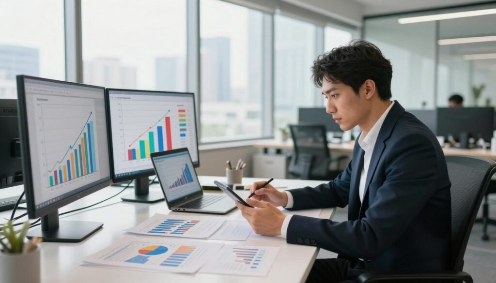 A determined entrepreneur in a modern office space, seated at a sleek desk cluttered with business plans and financial charts. In the foreground, displays of growth metrics and colorful infographics emphasize the journey from side hustle to full-time venture. The middle layer features a laptop open with a vibrant graph showing upward trends, symbolizing success and scaling. In the background, large windows let in ample natural light, creating a warm atmosphere, with a city skyline visible, hinting at opportunities. The entrepreneur, dressed in professional business attire, portrays focus and ambition while engaging with a digital tablet. The overall mood is one of motivation and progress, with a bright and inviting color palette that inspires determination. A determined entrepreneur in a modern office space, seated at a sleek desk cluttered with business plans and financial charts. In the foreground, displays of growth metrics and colorful infographics emphasize the journey from side hustle to full-time venture. The middle layer features a laptop open with a vibrant graph showing upward trends, symbolizing success and scaling. In the background, large windows let in ample natural light, creating a warm atmosphere, with a city skyline visible, hinting at opportunities. The entrepreneur, dressed in professional business attire, portrays focus and ambition while engaging with a digital tablet. The overall mood is one of motivation and progress, with a bright and inviting color palette that inspires determination.