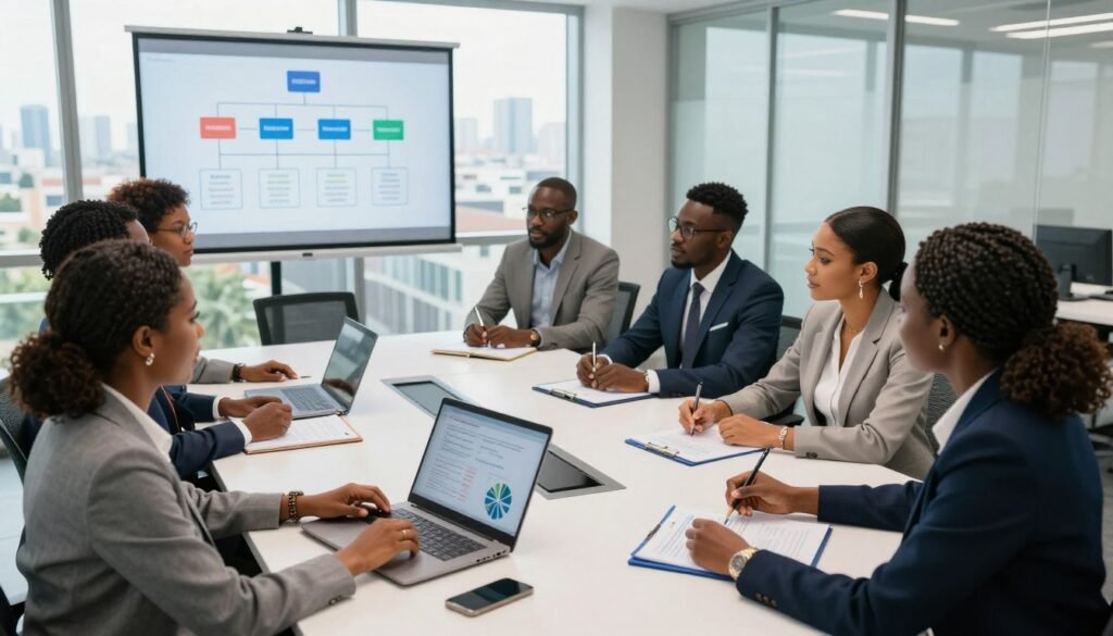 A diverse group of Nigerian professionals gathered around a modern conference table, engaged in a dynamic discussion about company structure. The foreground features two businesswomen in polished business attire, presenting ideas with a laptop and charts, showcasing teamwork and collaboration. The middle ground includes a relaxed atmosphere with a projector screen displaying an organizational chart, and a male professional taking notes. In the background, an office setting with large windows allows natural light to flood the room, highlighting a skyline view of Lagos. The mood is energetic and focused, capturing the essence of entrepreneurial spirit in Nigeria. The image is shot with a slight overhead angle to provide a comprehensive view of the collaboration in action. A diverse group of Nigerian professionals gathered around a modern conference table, engaged in a dynamic discussion about company structure. The foreground features two businesswomen in polished business attire, presenting ideas with a laptop and charts, showcasing teamwork and collaboration. The middle ground includes a relaxed atmosphere with a projector screen displaying an organizational chart, and a male professional taking notes. In the background, an office setting with large windows allows natural light to flood the room, highlighting a skyline view of Lagos. The mood is energetic and focused, capturing the essence of entrepreneurial spirit in Nigeria. The image is shot with a slight overhead angle to provide a comprehensive view of the collaboration in action.