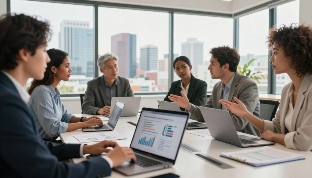 A diverse group of professionals, including a Black woman and a White man, are seated at a modern conference table in a sleek, well-lit office. They are intently discussing a business plan, surrounded by laptops, charts, and notes. The foreground features a close-up of a laptop screen displaying graphs and a business strategy document. In the middle, the individuals are animatedly exchanging ideas, with a backdrop of large windows revealing a vibrant South African skyline. The atmosphere is collaborative and focused, with warm, natural light streaming in to emphasize productivity and hope. The image should have a slight depth of field, bringing the subjects into clear focus while softly blurring the background, creating a professional yet inviting ambiance. A diverse group of professionals, including a Black woman and a White man, are seated at a modern conference table in a sleek, well-lit office. They are intently discussing a business plan, surrounded by laptops, charts, and notes. The foreground features a close-up of a laptop screen displaying graphs and a business strategy document. In the middle, the individuals are animatedly exchanging ideas, with a backdrop of large windows revealing a vibrant South African skyline. The atmosphere is collaborative and focused, with warm, natural light streaming in to emphasize productivity and hope. The image should have a slight depth of field, bringing the subjects into clear focus while softly blurring the background, creating a professional yet inviting ambiance.